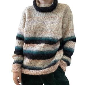 Hand Knit Womens Oversized Mohair Striped Fluffy Fuzzy Cowl Neck Sweater Sz L